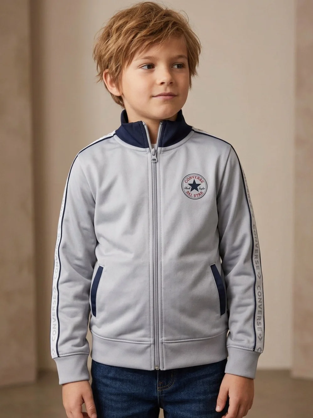 Converse Light Gray and Navy Zip-Front Track Jacket